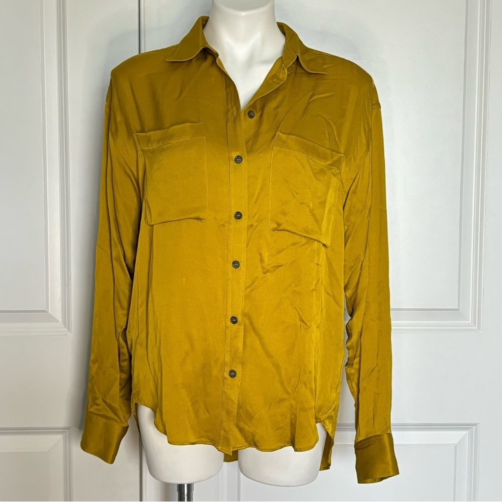 Zara Satin Button Front Pocket Shirt Chartreuse Green S